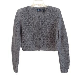 Vtg Meow Genes Grey Mohair Blend Cropped Cardigan Sweater Open Knit Fuzzy M NWOT